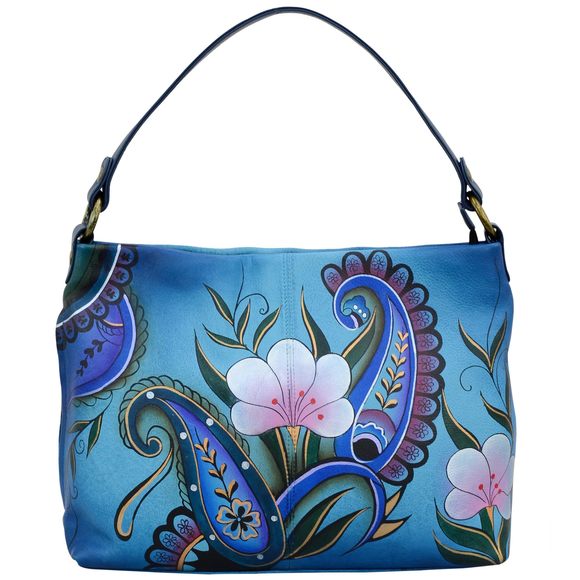 Hand Painted Leather Large Shoulder Hobo, Denim Paisley Floral :D - Picture 1 of 6